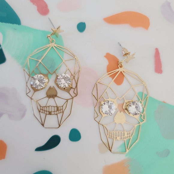Jewelry - Laser cut oversized gold metal skull earrings rhinestone eyes calavera Earrings